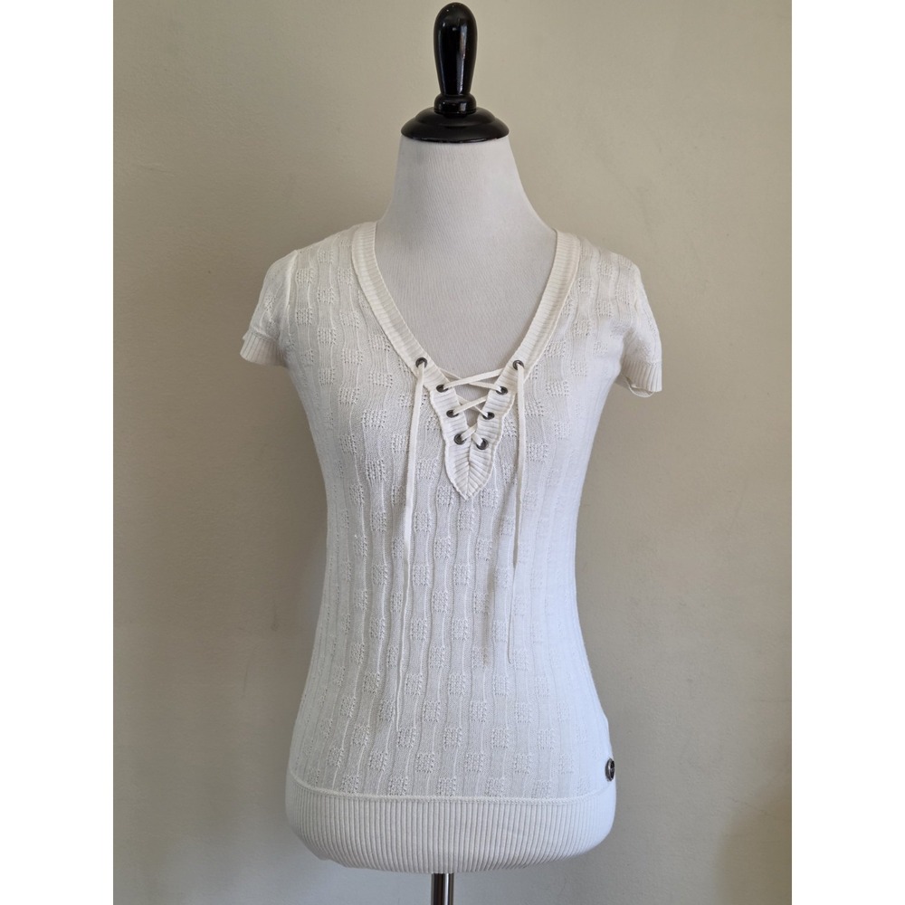 Vtg Guess Y2k Short Sleeve Knit Lace Up Ivory Cream White Sweater Small
